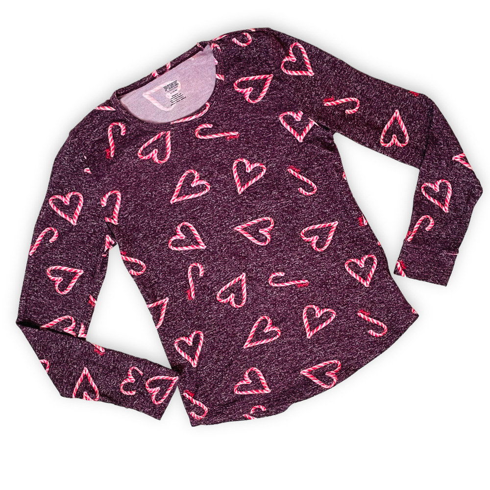 🍀Pink Victoria Secret Women's Purple Heathered Heart Crew Neck Top Size M